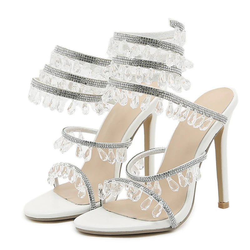 Crystal Gemstone Pendant Ankle Strap Sandals