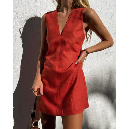 | Linen V-Neck Sleeveless Mini Dress