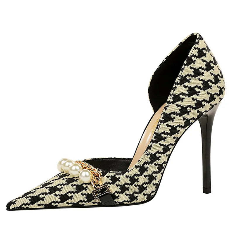 Spring Pearl Metal Chain High-heels Checked Grain Stilettos Women