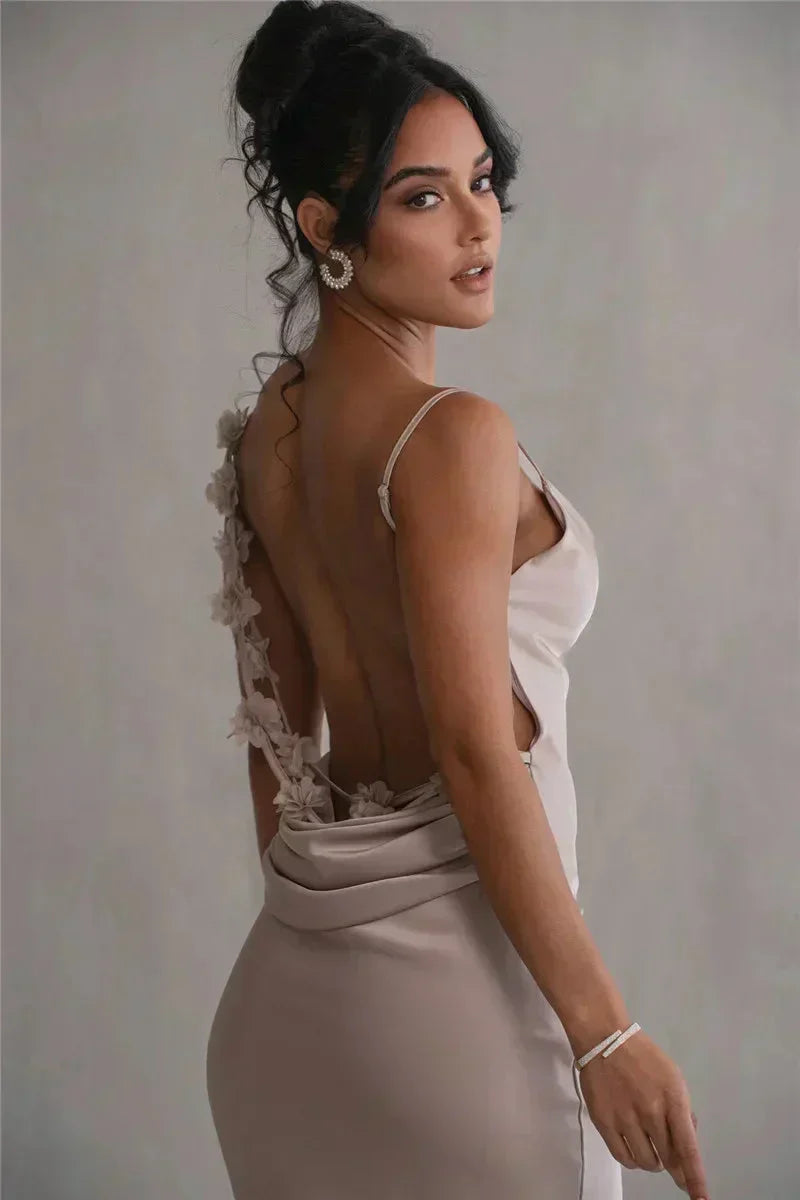 Open Back Cowl Drape Spaghetti Strap Floral Applique Maxi Gown