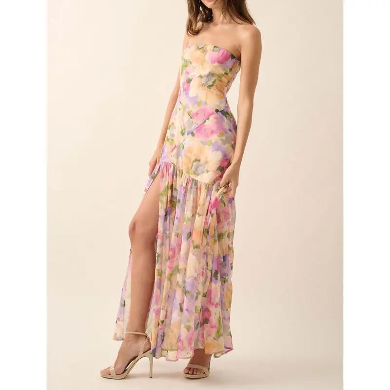 Ruffled Split Floral Bandeau Vacation Dress