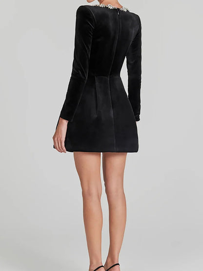 | White Jewel Trim Long Sleeve Mini Dress