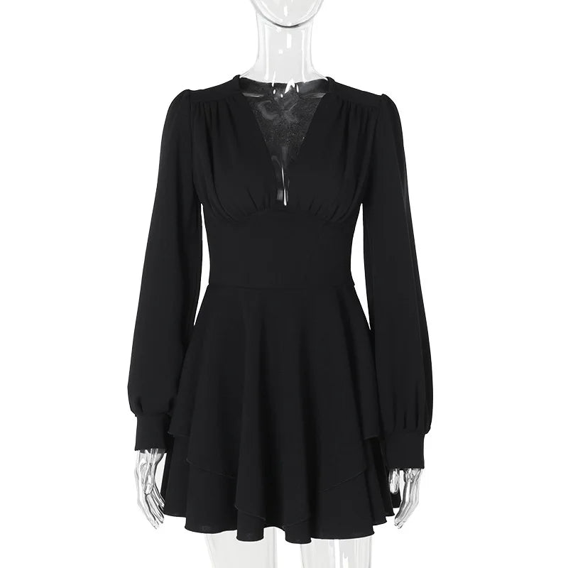 Plunging V-Neck Puff Sleeve Tiered Ruffle Mini Dress