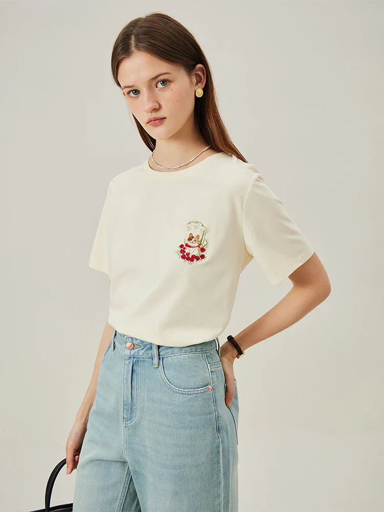 Cat Embroidered Beige Loose T-shirt