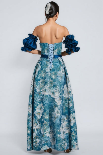 Briar Blue Puff Sleeves Off Shoulder Maxi Dress