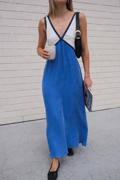 Contrast Panel Deep V-Neck Sleeveless Flowy Maxi Dress