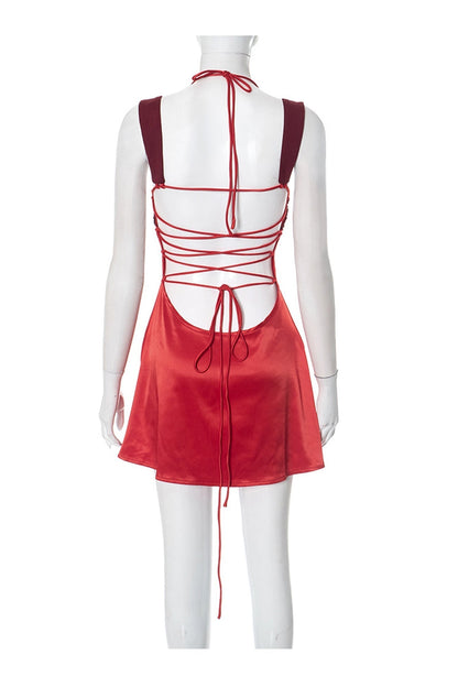 Satin Contrast Color Tie-up Cami Dress