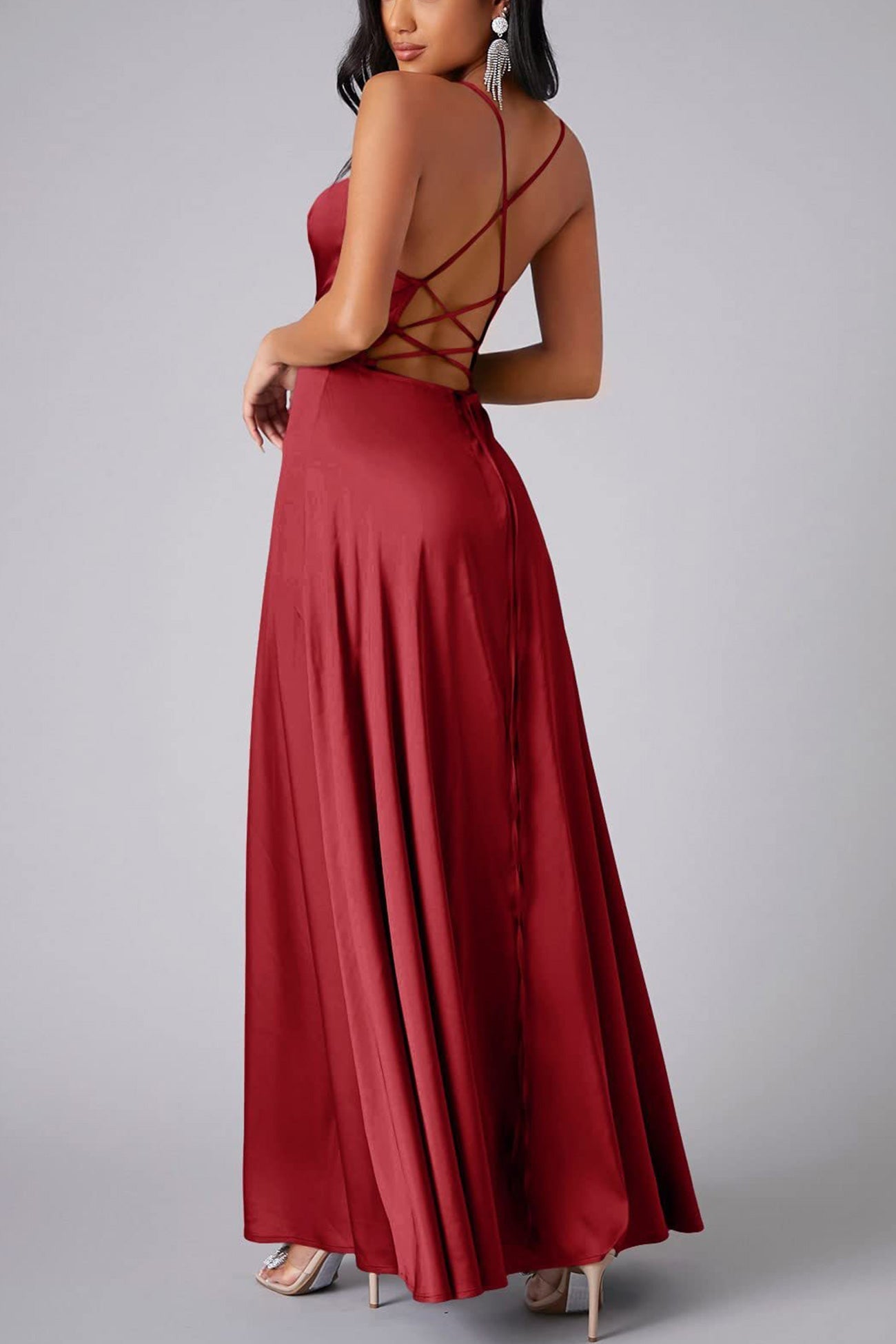 Satin Cowl Neck Tie-up Backless Slit Dress