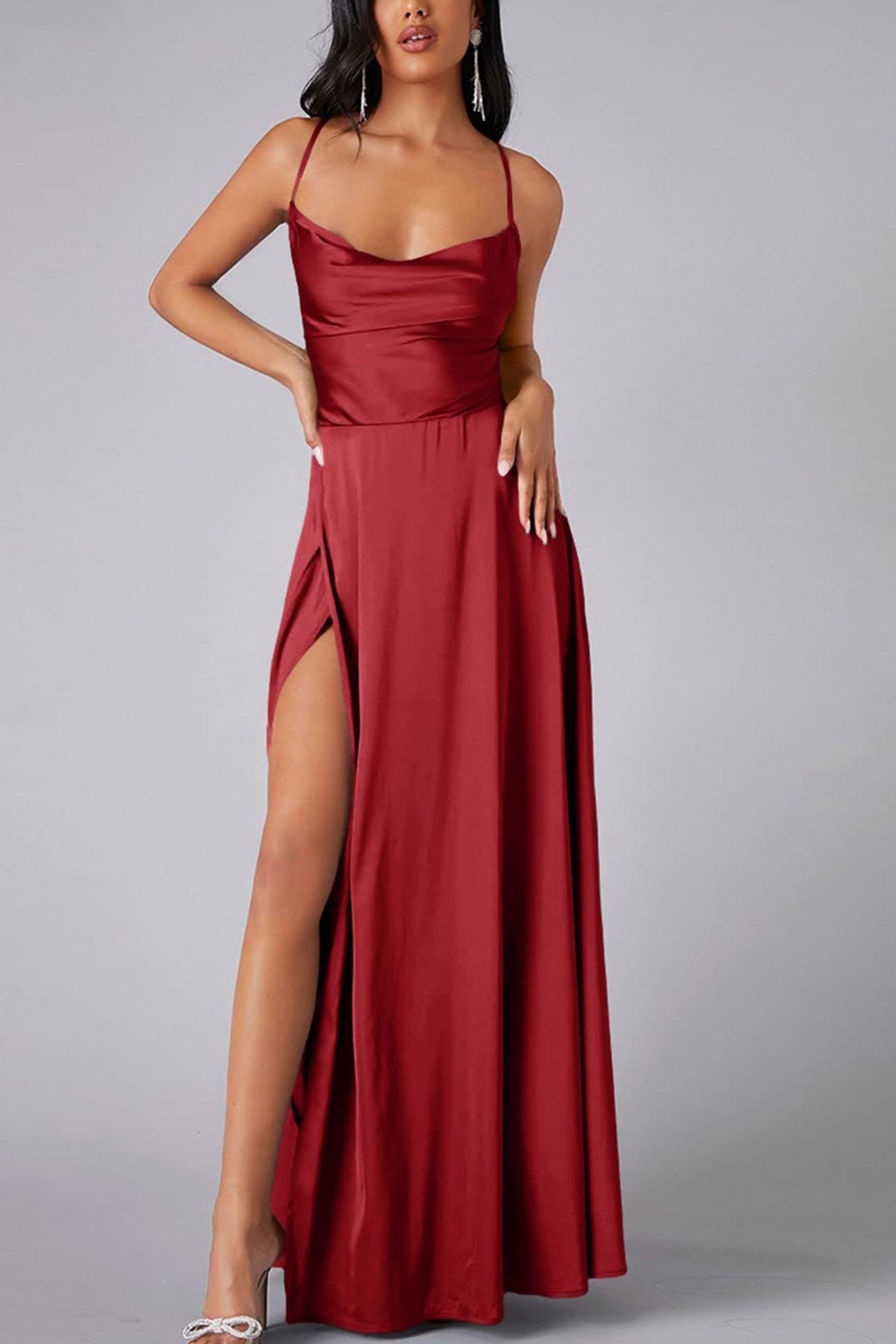 Satin Cowl Neck Tie-up Backless Slit Dress