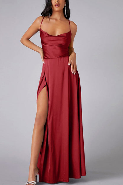 Satin Cowl Neck Tie-up Backless Slit Dress