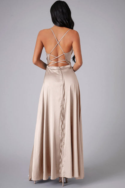Satin Cowl Neck Tie-up Backless Slit Dress