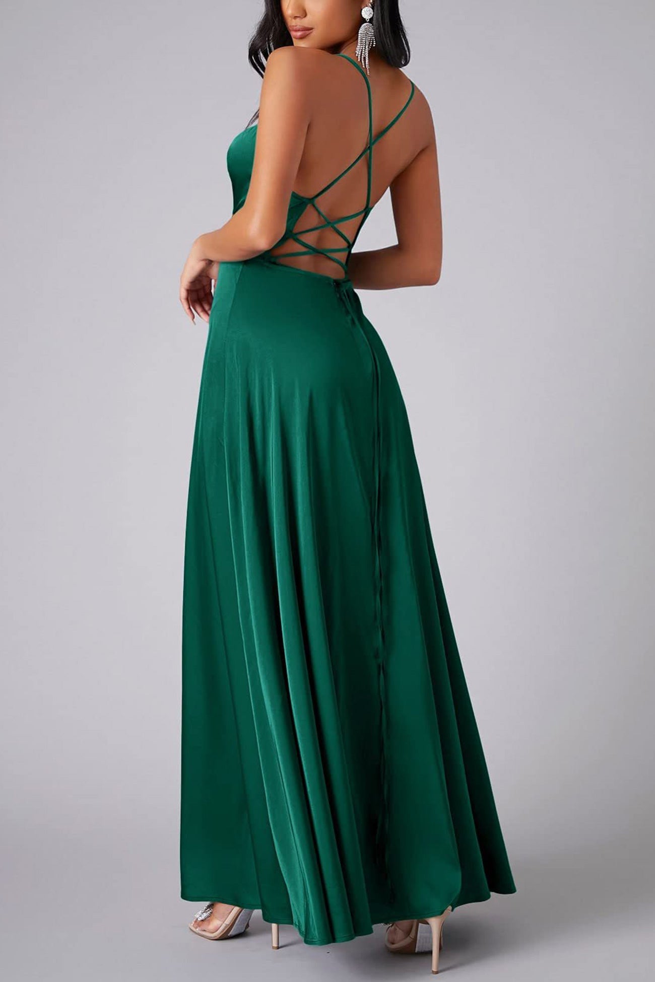 Satin Cowl Neck Tie-up Backless Slit Dress