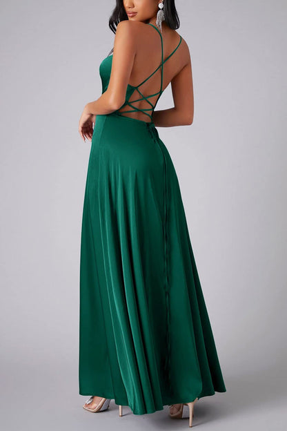 Satin Cowl Neck Tie-up Backless Slit Dress
