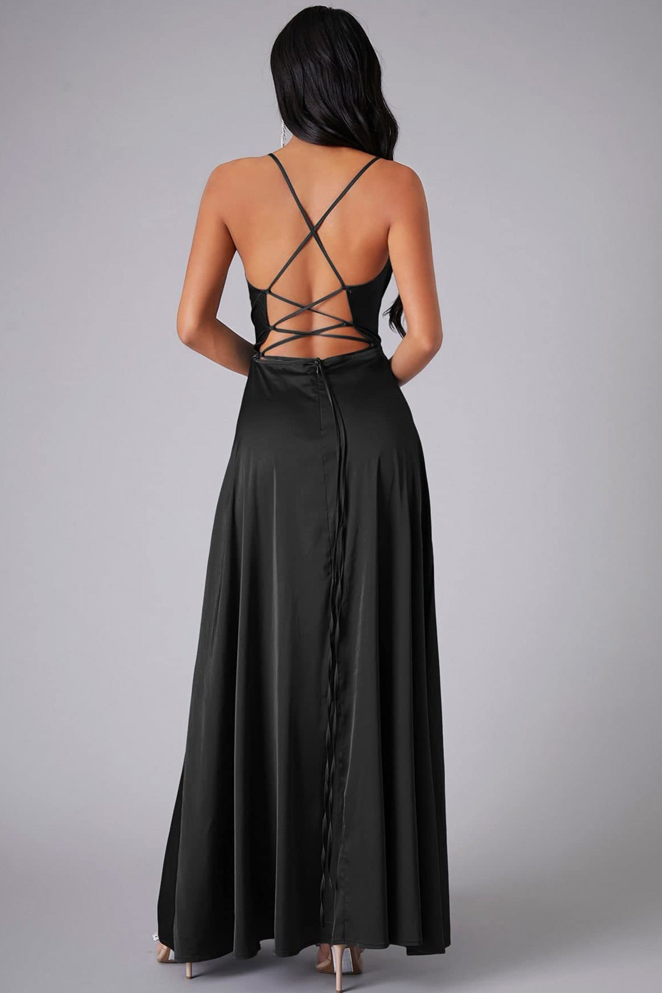 Satin Cowl Neck Tie-up Backless Slit Dress