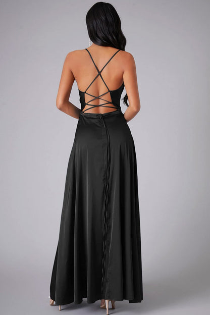 Satin Cowl Neck Tie-up Backless Slit Dress