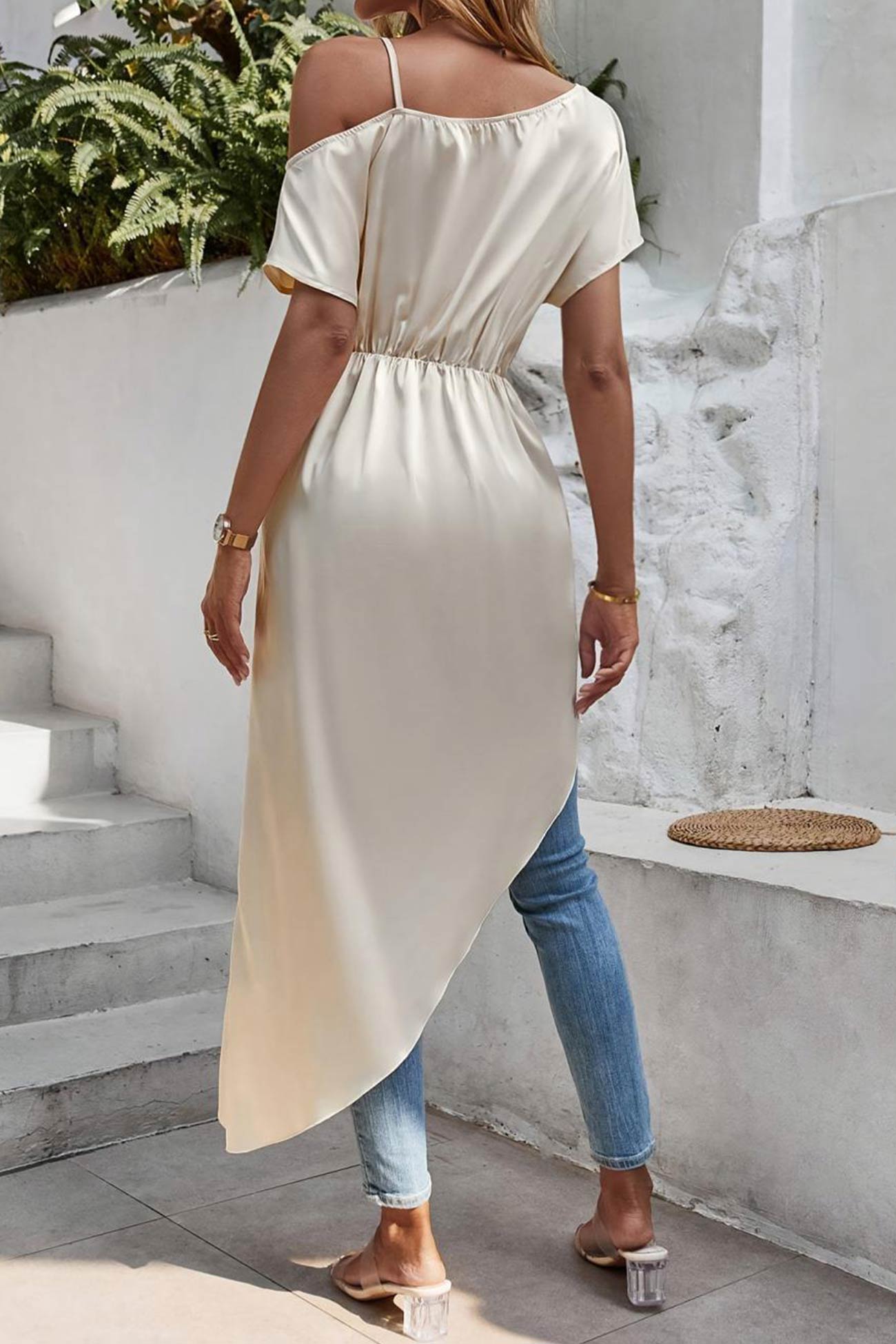 Satin Drop Shoulder Ruched Slit Tops