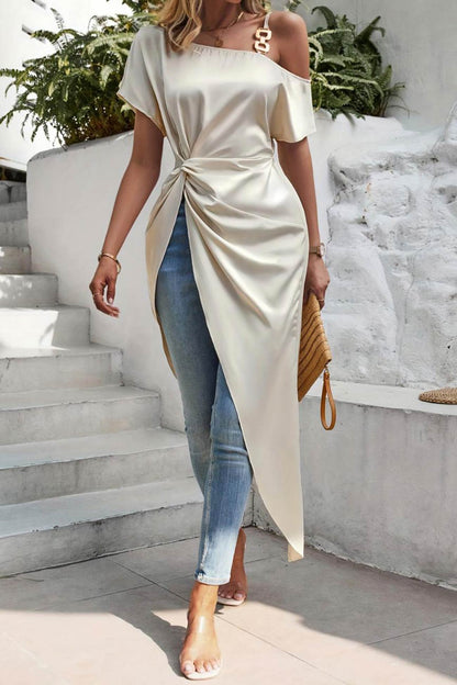 Satin Drop Shoulder Ruched Slit Tops