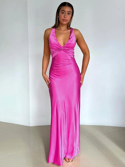 Aurora Satin Halter Neck Gown | Twist Front | Floor Length | Slim Fit