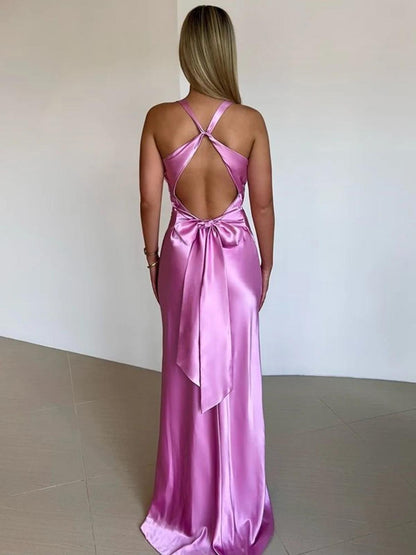 Aurora Satin Halter Neck Gown | Twist Front | Floor Length | Slim Fit