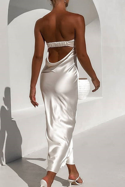 Satin Solid Color Strapless Midi Dress