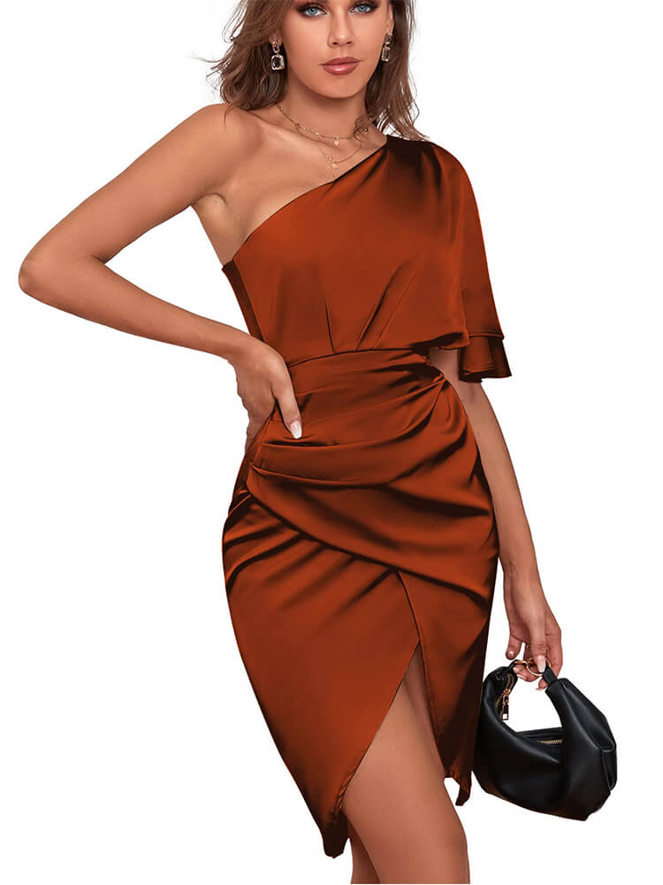 One Shoulder Flutter Sleeve Ruched Wrap Split Satin Midi Dress