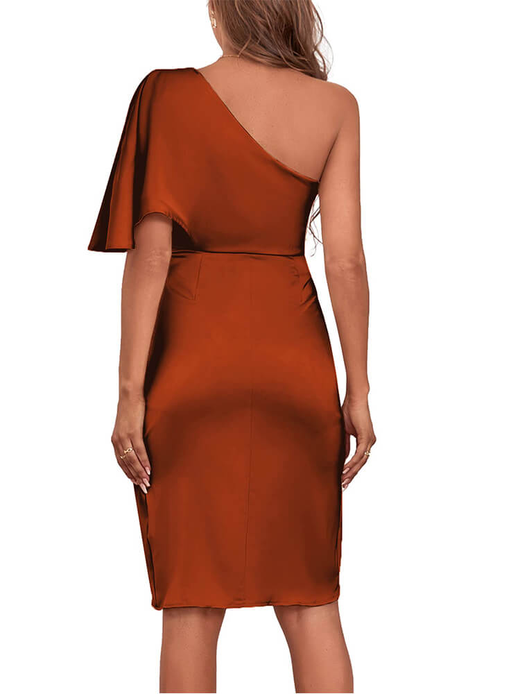 One Shoulder Flutter Sleeve Ruched Wrap Split Satin Midi Dress