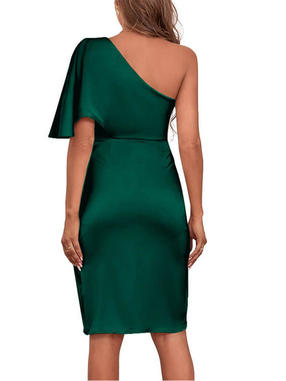 One Shoulder Flutter Sleeve Ruched Wrap Split Satin Midi Dress