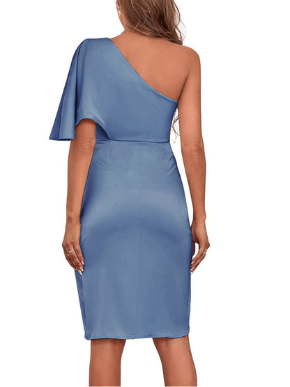 One Shoulder Flutter Sleeve Ruched Wrap Split Satin Midi Dress