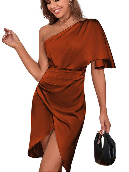 One Shoulder Flutter Sleeve Ruched Wrap Split Satin Midi Dress