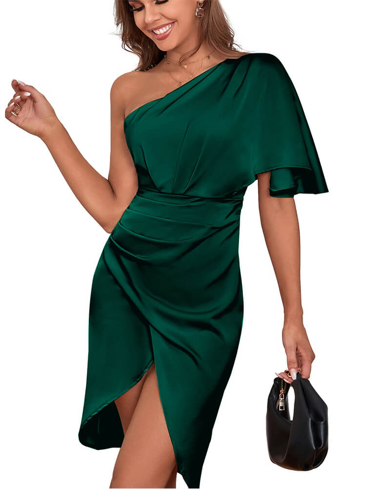One Shoulder Flutter Sleeve Ruched Wrap Split Satin Midi Dress