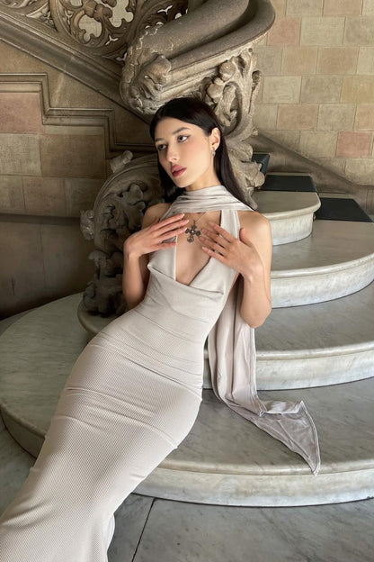 Halter Cowl Neck Ribbed Knit Wrap Neck Detail Bodycon Maxi Dress