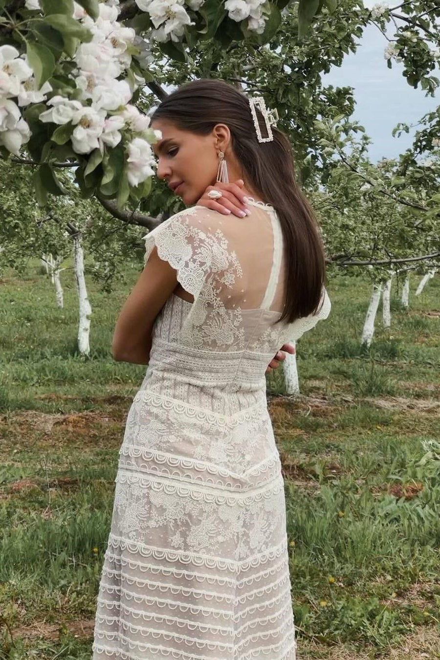High Neck Lace Yoke Cap Sleeve Button Front Tiered Lace Midi Dress