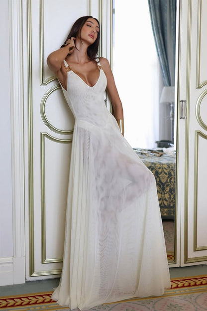 Deep V Neck Ring Hardware Strap Pleated Sheer Overlay Maxi Gown