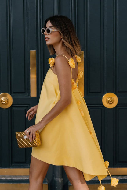 Square Back Spaghetti Strap 3D Rosette Applique A-Line Mini Dress