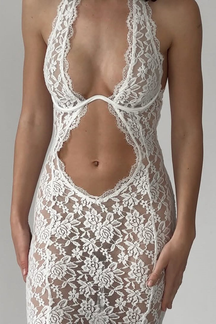 Halter Neck Floral Lace Midriff Cutout Bodycon Maxi Gown