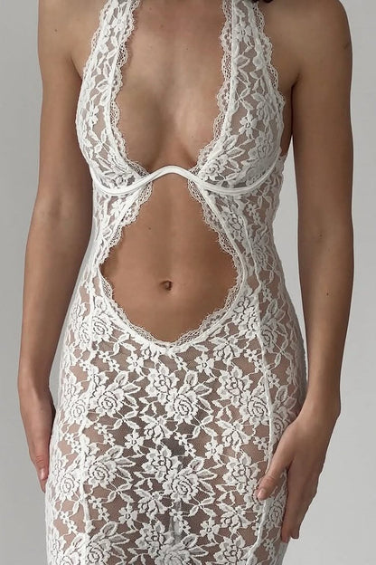 Halter Neck Floral Lace Midriff Cutout Bodycon Maxi Gown