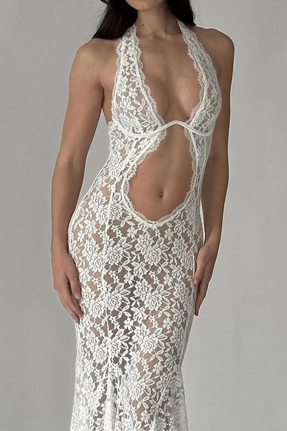 Halter Neck Floral Lace Midriff Cutout Bodycon Maxi Gown