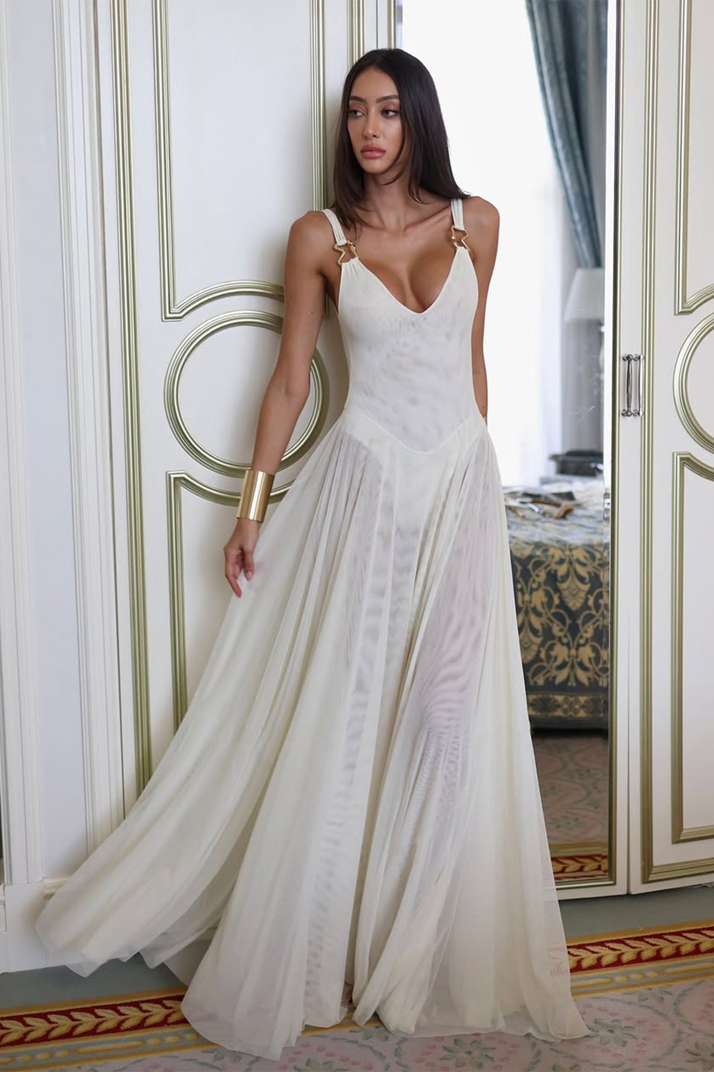 Deep V Neck Ring Hardware Strap Pleated Sheer Overlay Maxi Gown