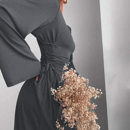 Ribbed Solid Lace-up Long Sleeve Dress