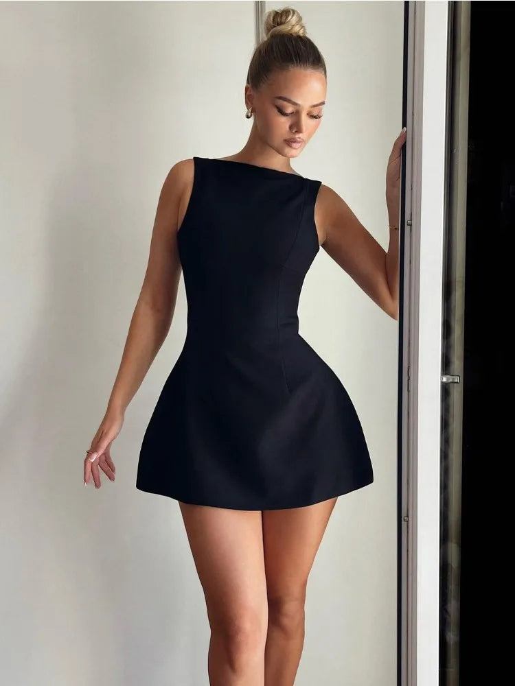 Boat Neck Princess Seam Structured Fit and Flare Mini Dress