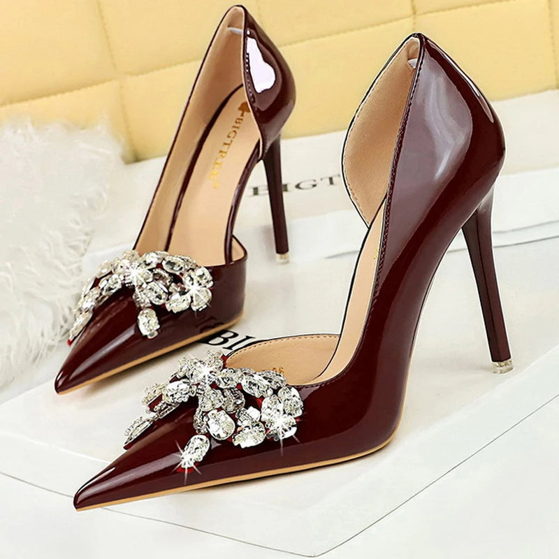 Nude Rhinestone Bowknot High Heels Patent Leather Women Pumps
