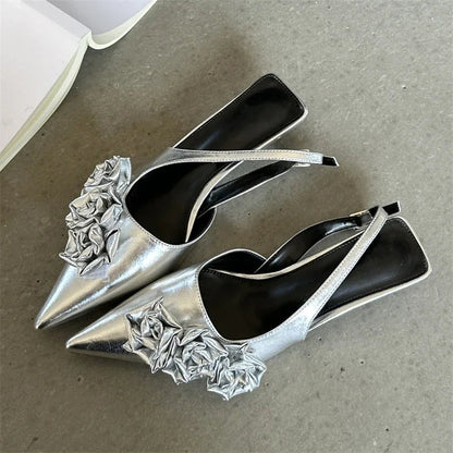 Flower Pointed Toe Women Pumps with Buckle Strap Slingback Sandals