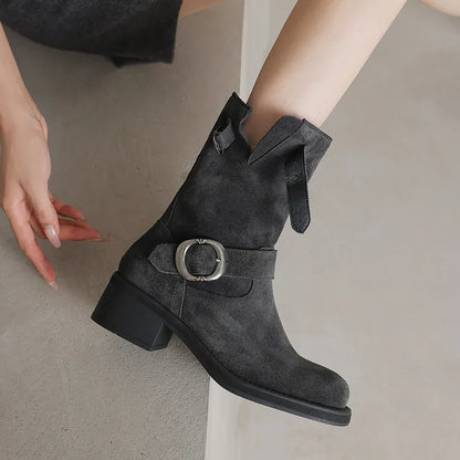 | Suede Buckle Boots in Black