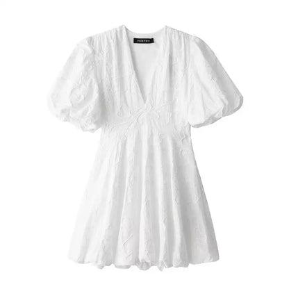 Jacquard Floral V-Neck Puff Sleeve Bubble Hem Mini Dress