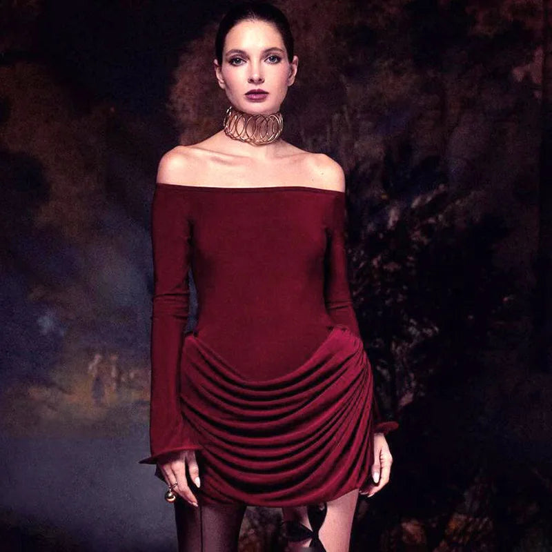 Pleated Off-Shoulder Long Sleeve Mini Dress
