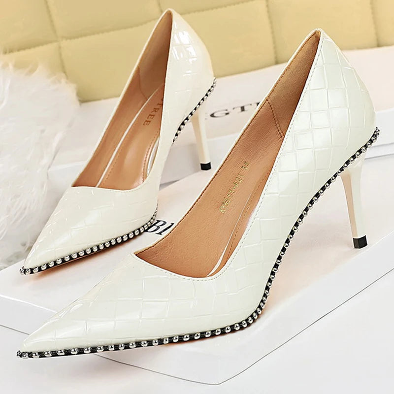 White Patent Leather High Heel Stiletto Pumps for Luxury Parties
