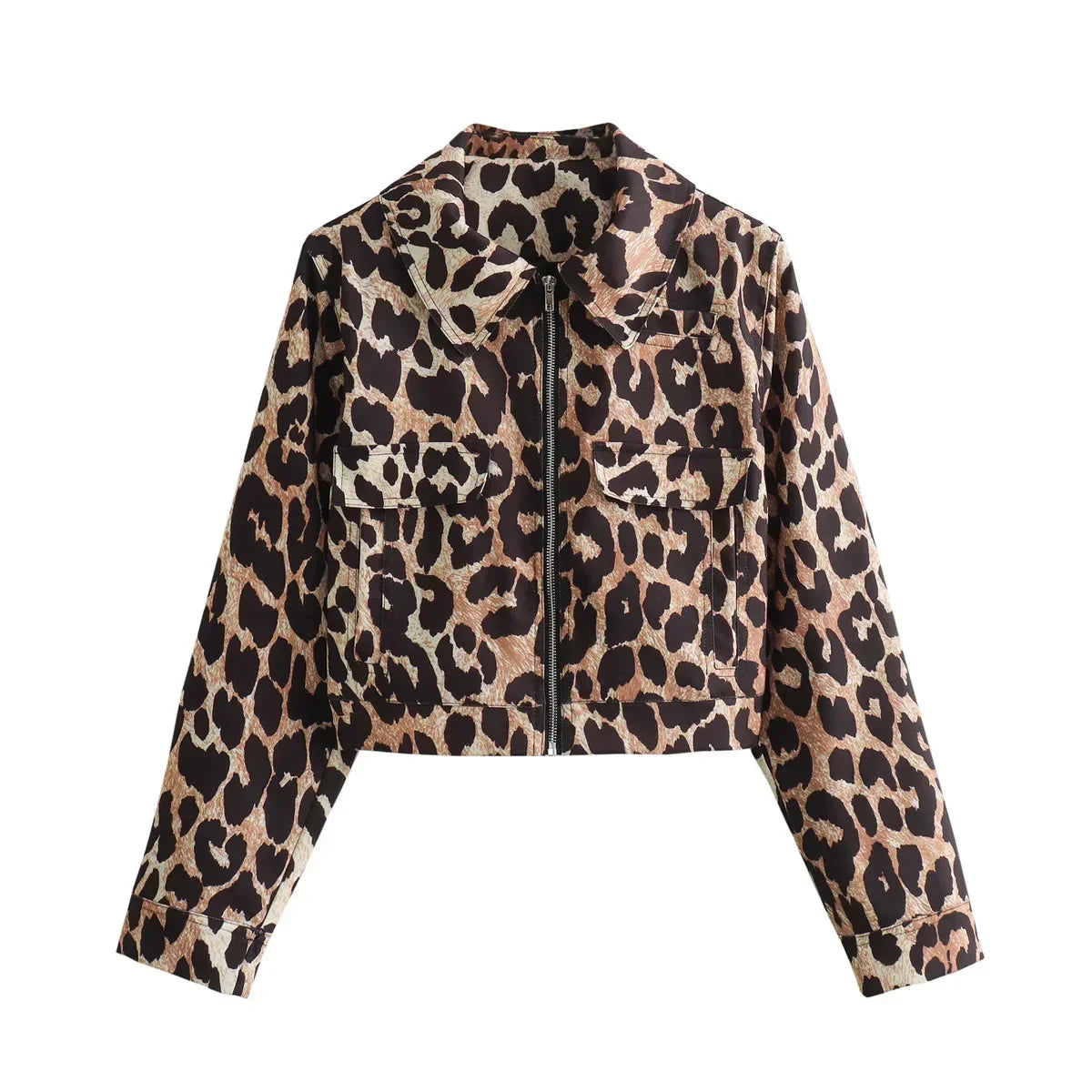 Women Casual Leopard Print Bomber Jacket Elegant Lapel Long Sleeves Zipper Pockets Loose Coat Autumn Lady High Streetwewar
