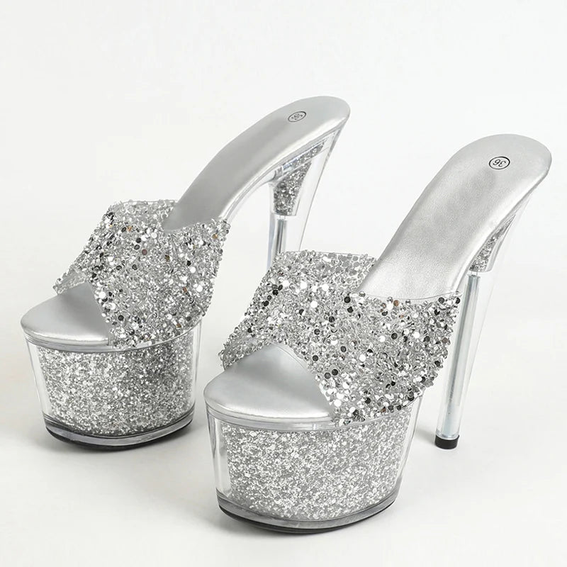 20CM Platform Slippers Fashion Sequined Transparent Sandals for Women