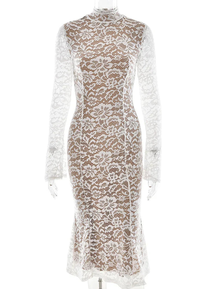 Lace White Long Sleeve Turtleneck Dress