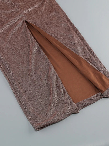 One Shoulder Draped Glitter Brown Maxi Dress